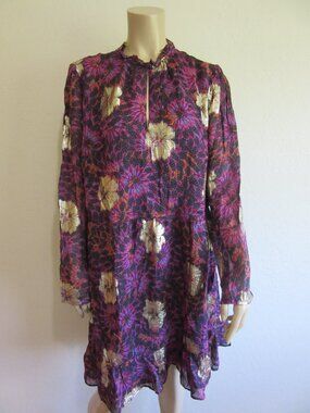 MONSOON Purple Gold Metallic Floral 18 Chiffon Evening Dress-NWT